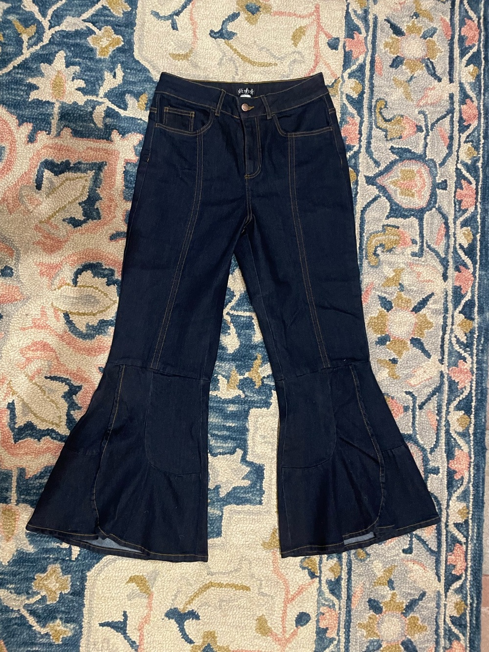 VENUS Dark Blue Flare Capri Jeans with Paneled Bell Hem
